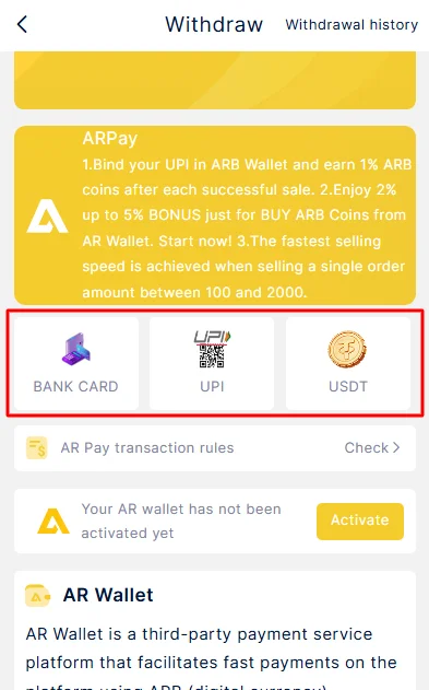 Withdraw payment methods